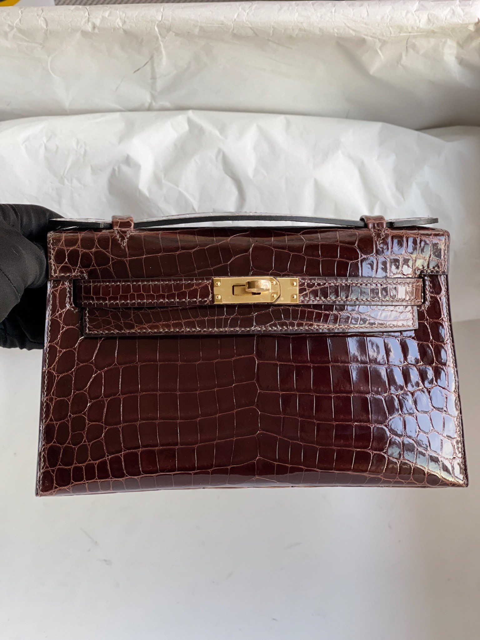 에르메스 켈리22 포쉐트 브라운 금장 샤이니 악어가죽